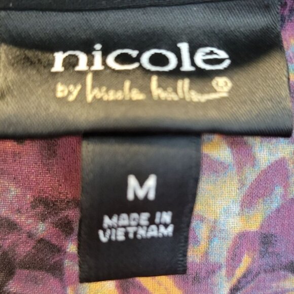 Nicole Miller Sz M Floral Semi Sheer LS Faux Wrap Hi Lo Collared Blouse Pocket - Picture 4 of 8